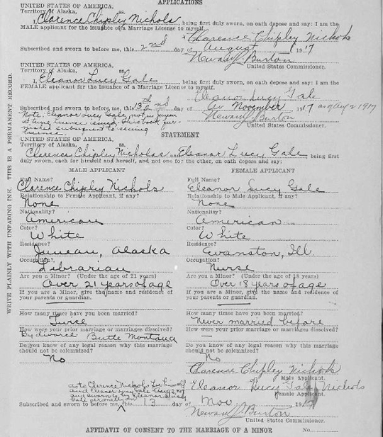 Alaska marriage license 1917